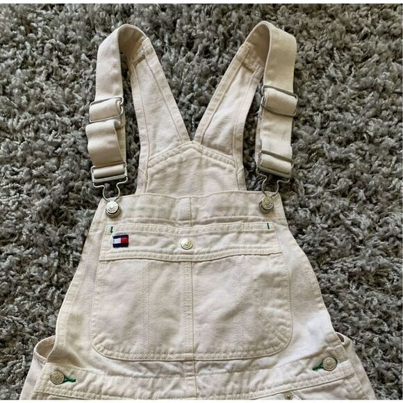 Tommy Hilfiger Y2K vtg 90’s off white LOGO Overalls Bibs Jean Shorts sz S - Picture 2 of 7